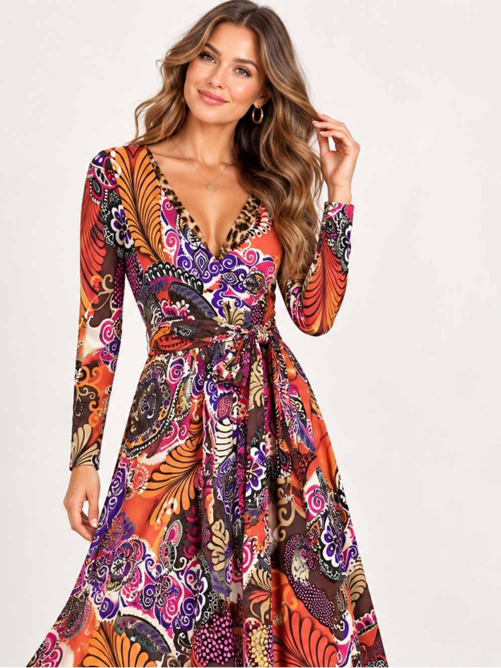Uncle Frank Retro 70s Mod Paisley Long Sleeve Tie-Waist Midi Dress for Fall Smal